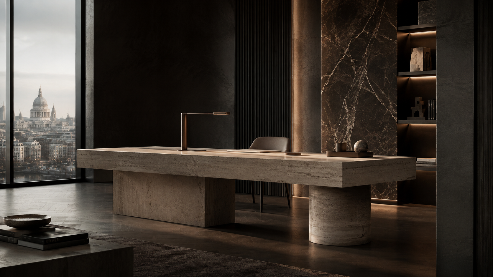 Bespoke natural-stone executive table in a refined Pamilanga Architecture interior