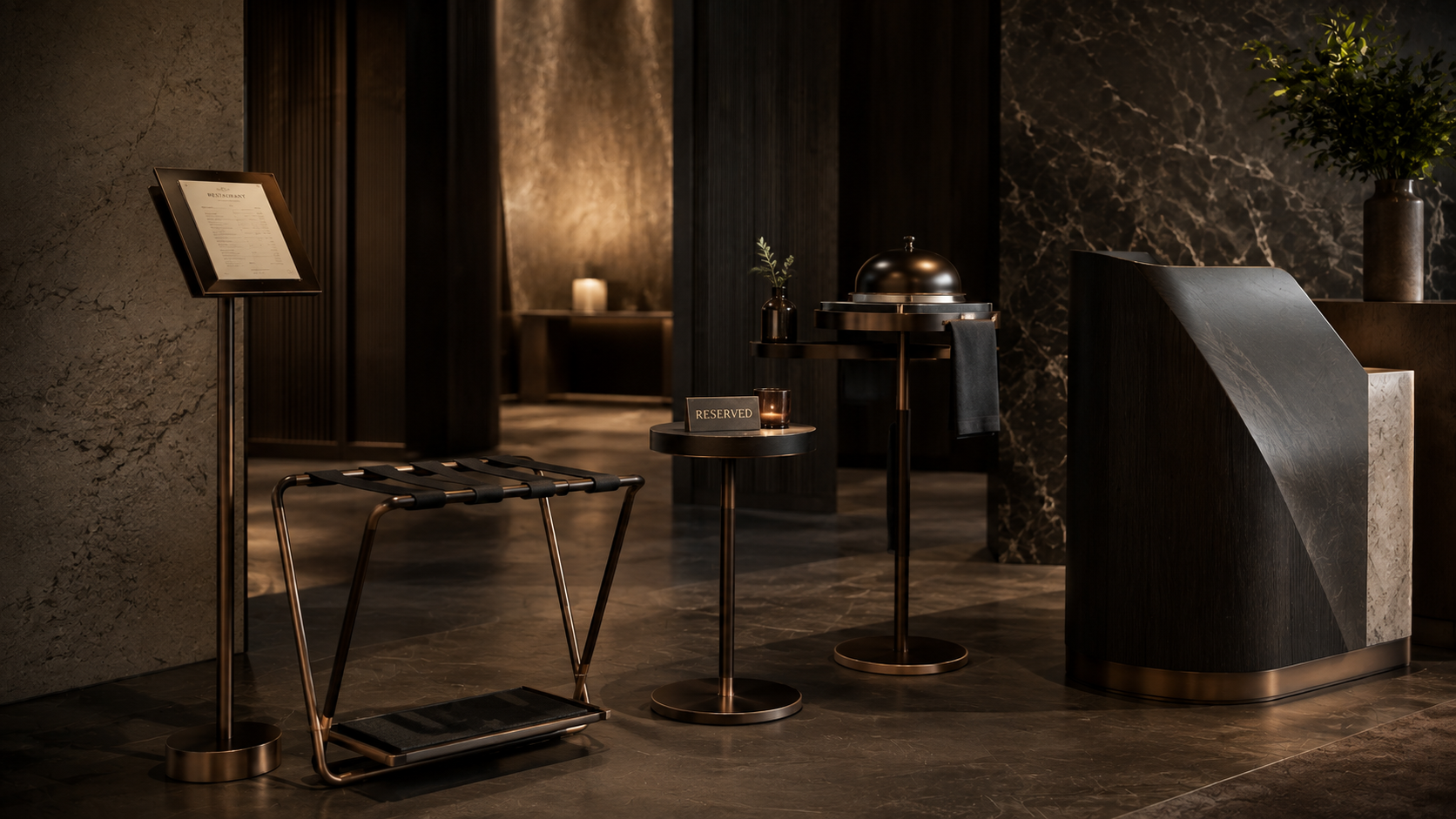 Hospitality interior with custom guest-facing objects and architectural detailing