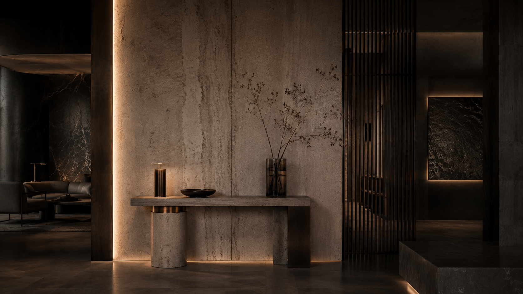 Travertine architectural detail and material-led interior by Pamilanga Architecture