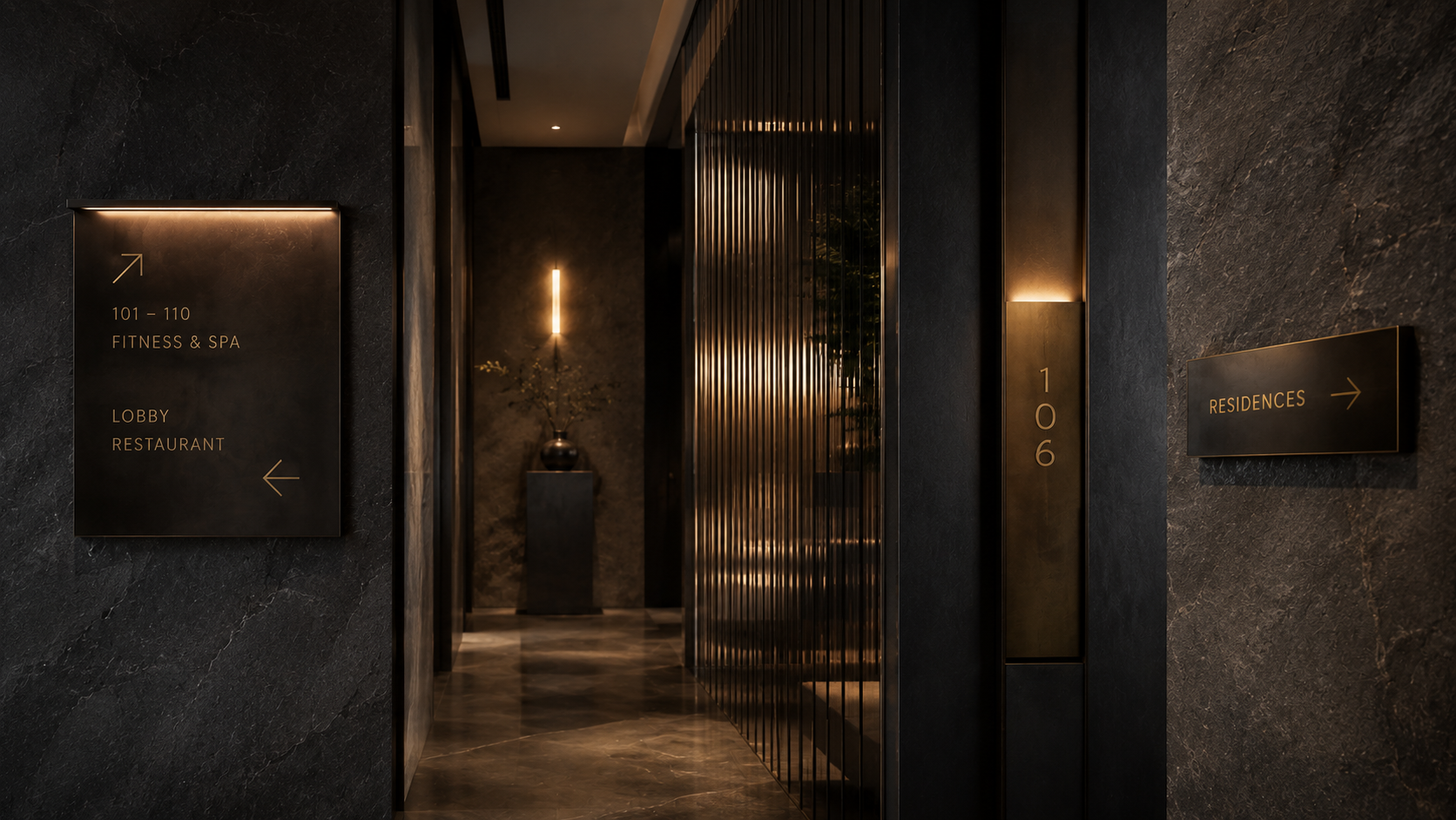 Custom architectural wayfinding and room identification in a luxury interior
